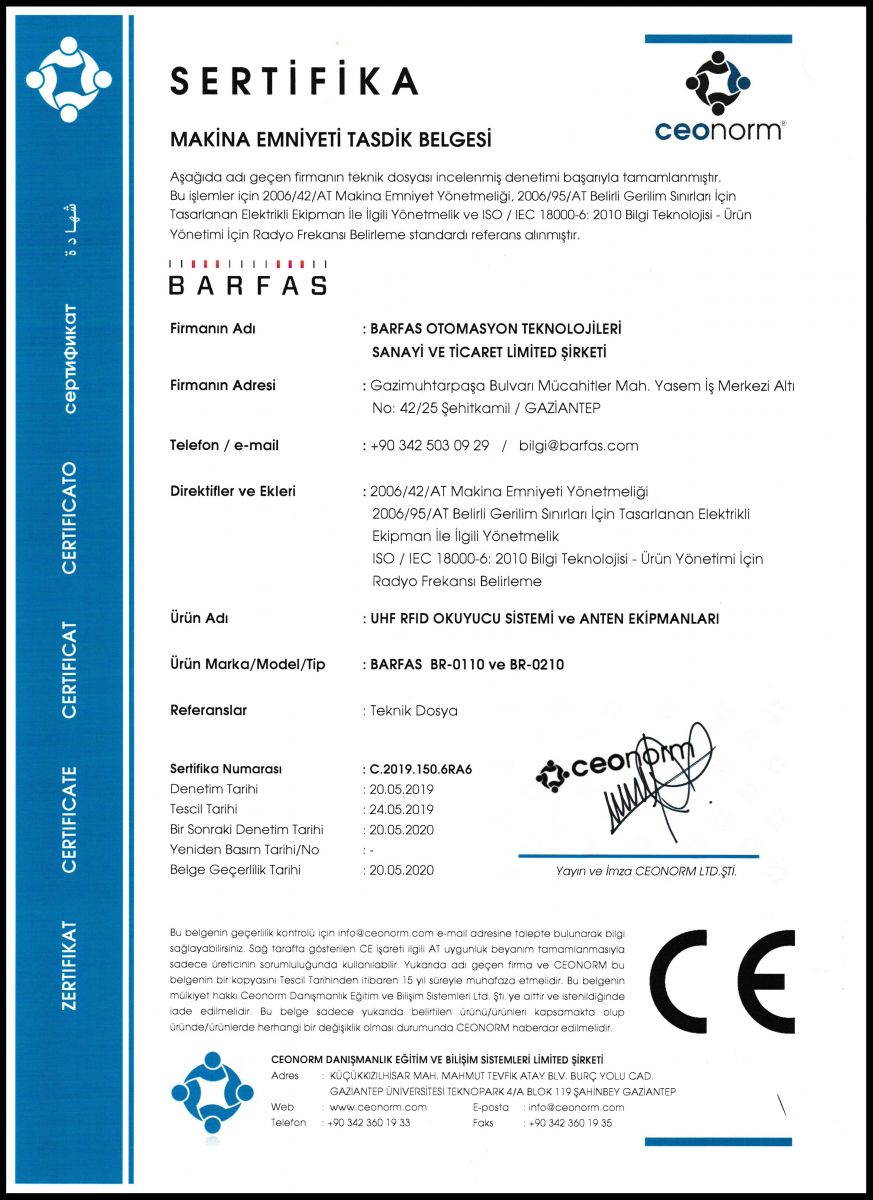 CE Makina Emniyeti Tasdik Belgesi